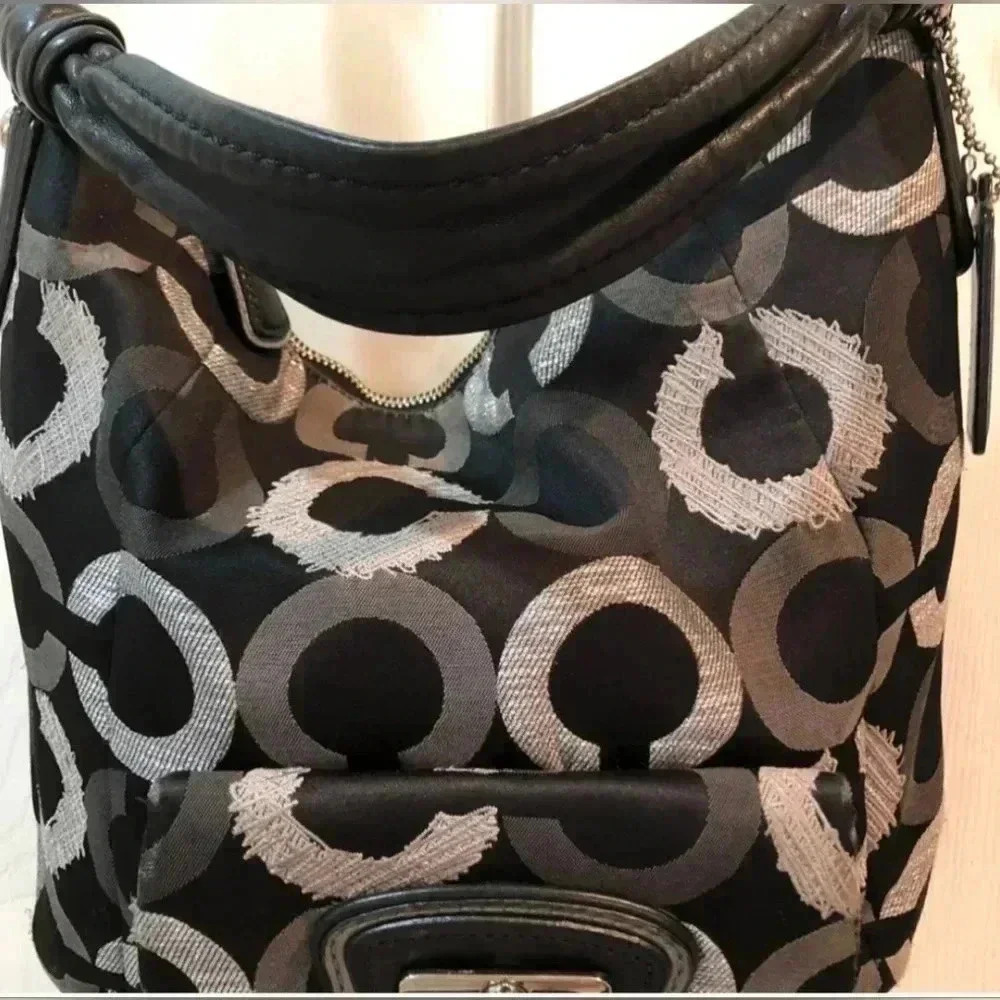 COACH embroidered OP Art Hobo Coach bag, silvers grays, black